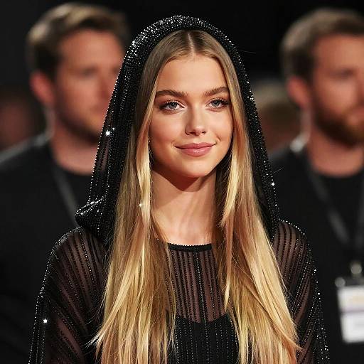 Elegant Blonde Woman Wearing Sparkling Black Sheer Hooded Outfit at Event