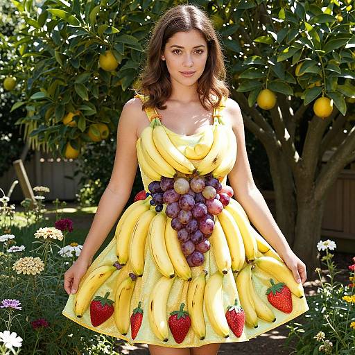 Woman Wearing Unique Fruit Dress with Bananas and Grapes in Garden