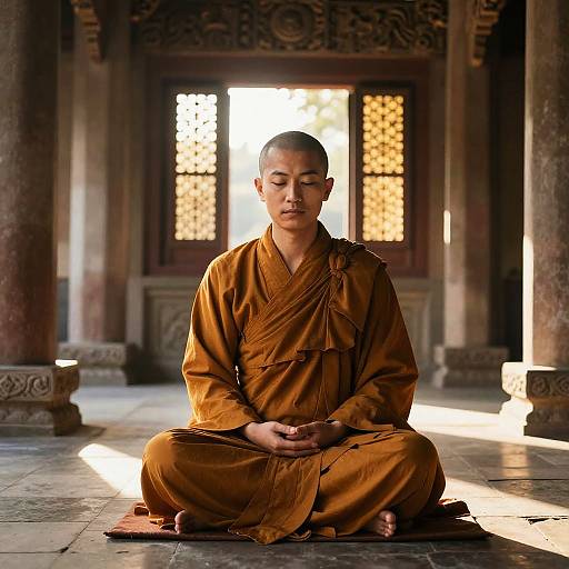 Young Monk Meditating in Ornate Temple Interior