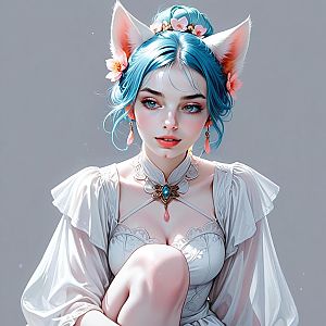 Elegant Woman with Blue Hair and Cat Ears