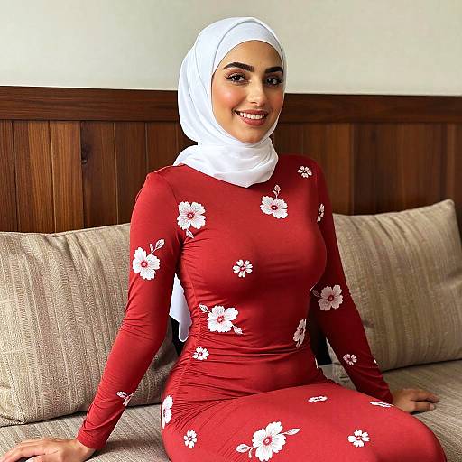Smiling Woman in Red Floral Dress and White Hijab Sitting on Sofa