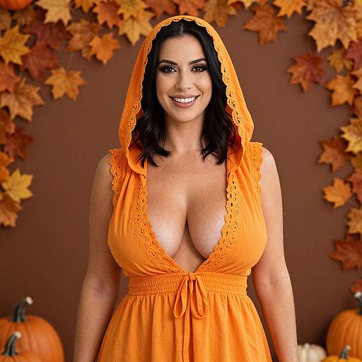 Woman in Orange Hooded Dress with Autumn Leaves and Pumpkins