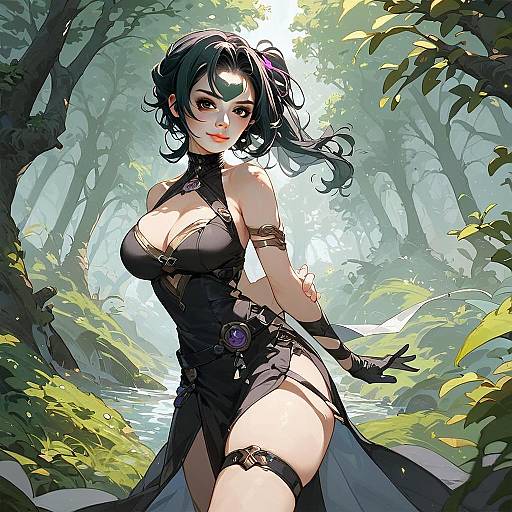 Fantasy Anime Woman in Black Outfit in the Forest Digital Art Illustration