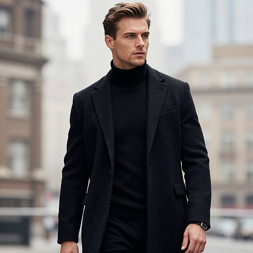 Confident Man in Black Overcoat on Urban Street