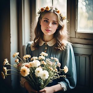 Young Woman with Floral Headband and Bouquet by Window