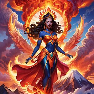 Fantasy Woman with Blue Skin and Fiery Wings