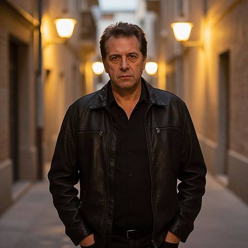 Serious Man in Black Leather Jacket Standing in Evening Urban Alleyway