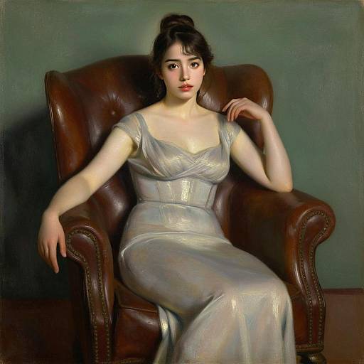 Classical Portrait of a Woman in Elegant White Gown Sitting on Leather Armchair