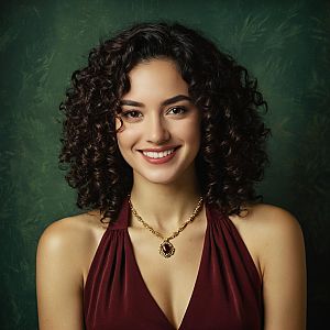 Portrait of Smiling Woman with Curly Hair in Burgundy Dress and Vintage Necklace