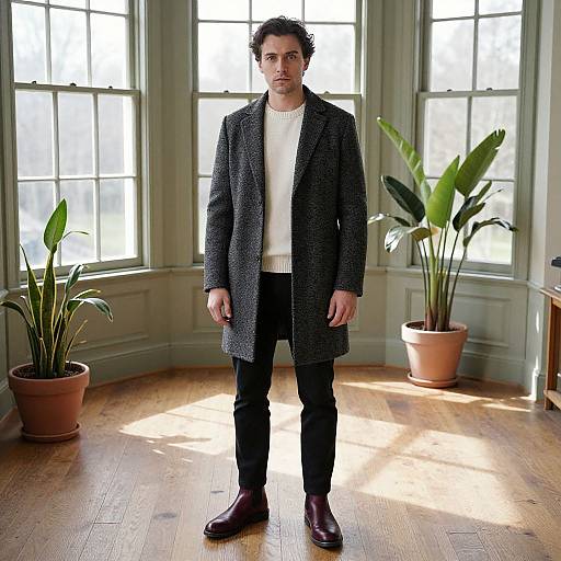 Man Wearing Grey Overcoat and Brown Boots in Sunlit Room with Indoor Plants