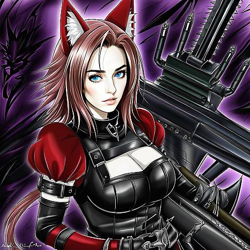 Anime Woman with Cat Ears and Mechanical Weapons in Fantasy Style