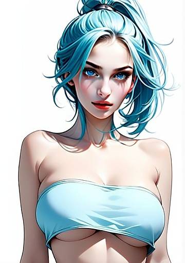 Anime Style Digital Portrait of Blue-Haired Woman in Bandeau Top