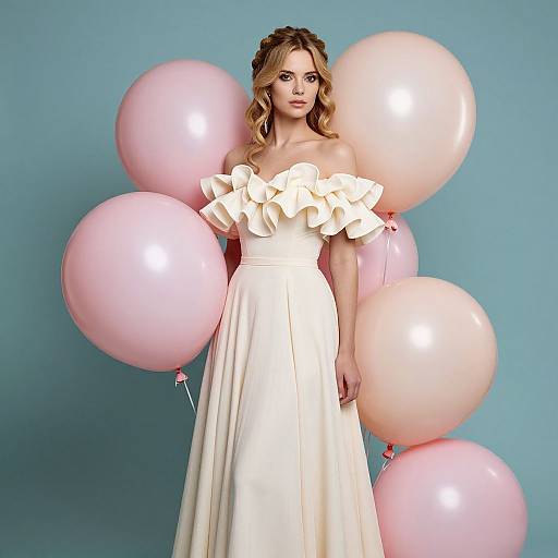 Elegant Woman in Cream Ruffled Dress with Pink and Peach Balloons