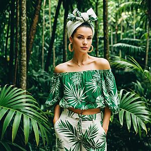 Stylish Woman in Tropical Palm Leaf Outfit in Lush Forest