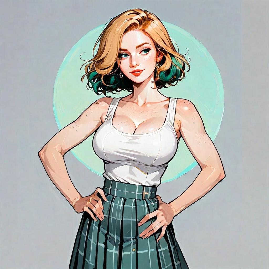 Confident Young Woman in White Tank Top and Green Plaid Pants Digital Art