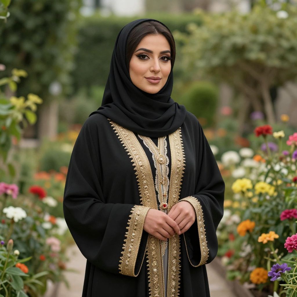 Elegant Woman in Black Abaya with Gold Embroidery in Flower Garden