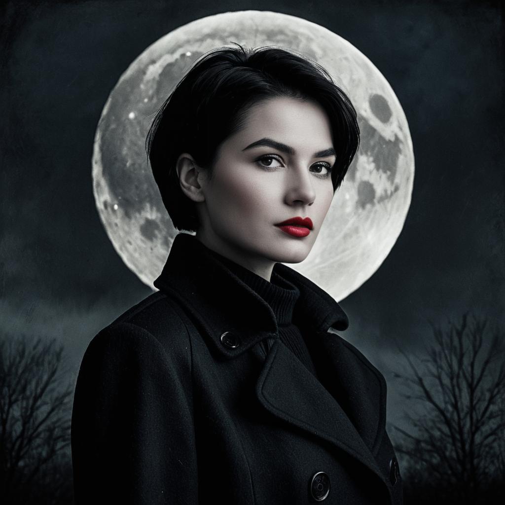 Dramatic Portrait of Woman with Full Moon Background in Gothic Style
