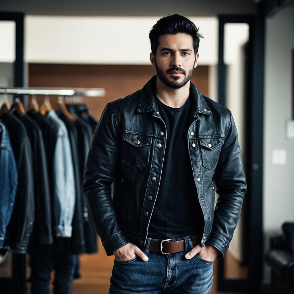 Confident man in black leather jacket and denim Confident man in black leather jacket and denim