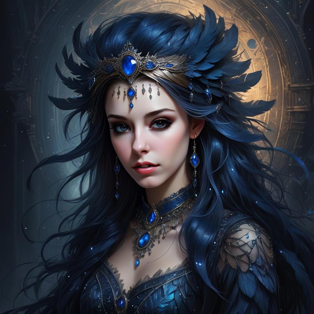 Ethereal Woman with Blue Gemstones and Feathers