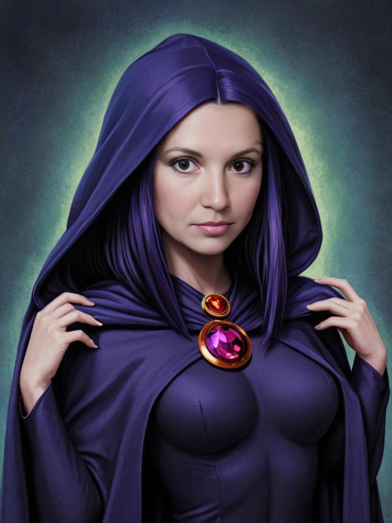 Raven Cosplay with Purple Cloak and Red Gem