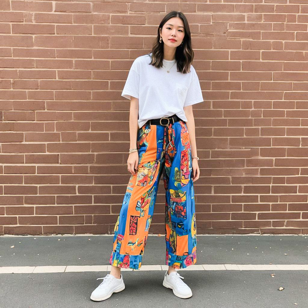 Fashionable Woman in Colorful Outfit Against Brick Wall Fashionable Woman in Colorful Outfit Against Brick Wall