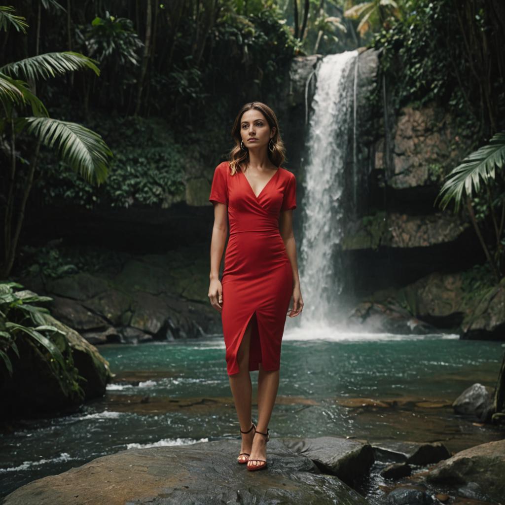 Woman in Red Dress by Serene Waterfall