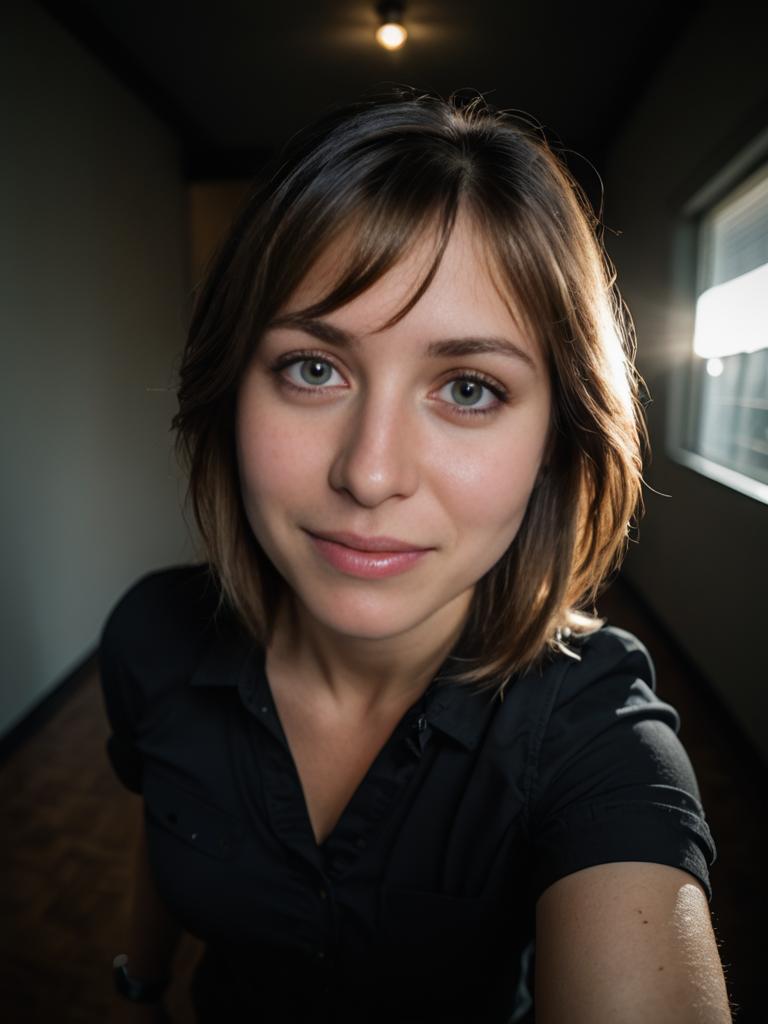 Woman with Gentle Smile in Softly Lit Corridor