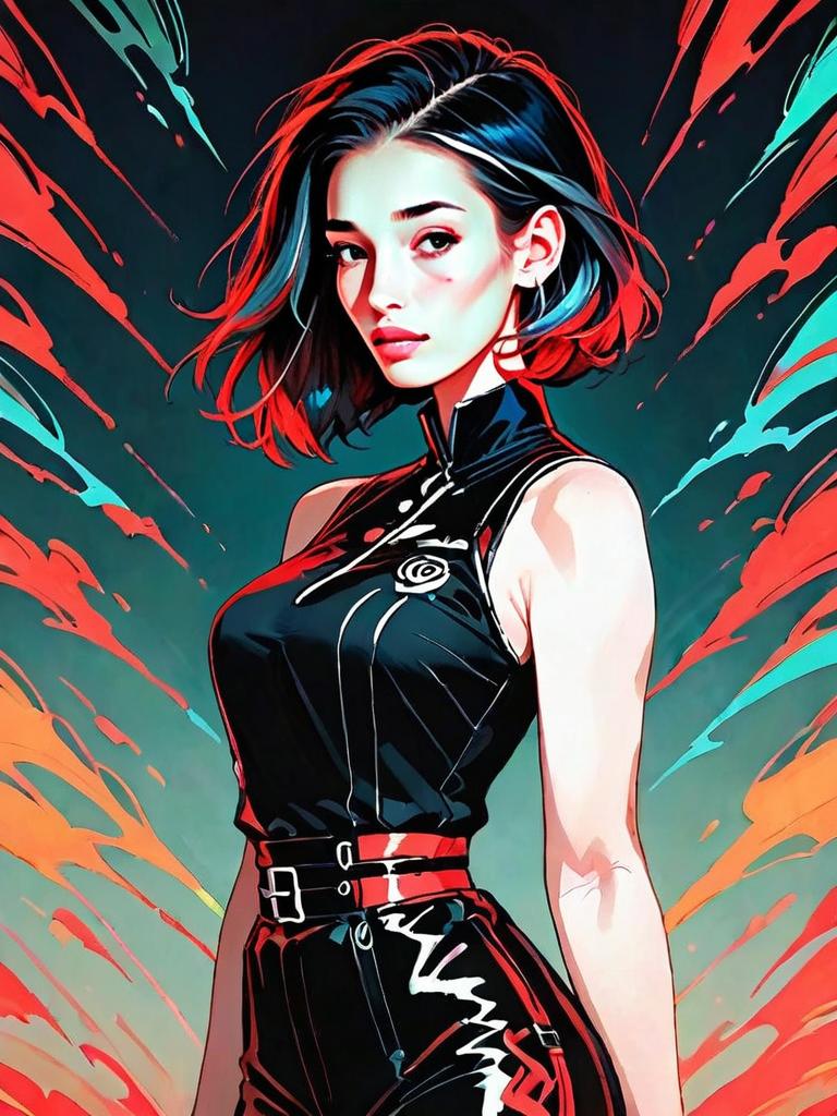 Stylized Digital Portrait of Woman in Futuristic Black Outfit with Red Accents