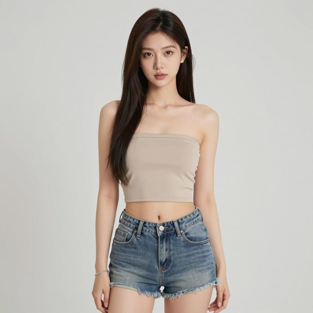Young Woman in Beige Crop Top and Denim Shorts Casual Fashion