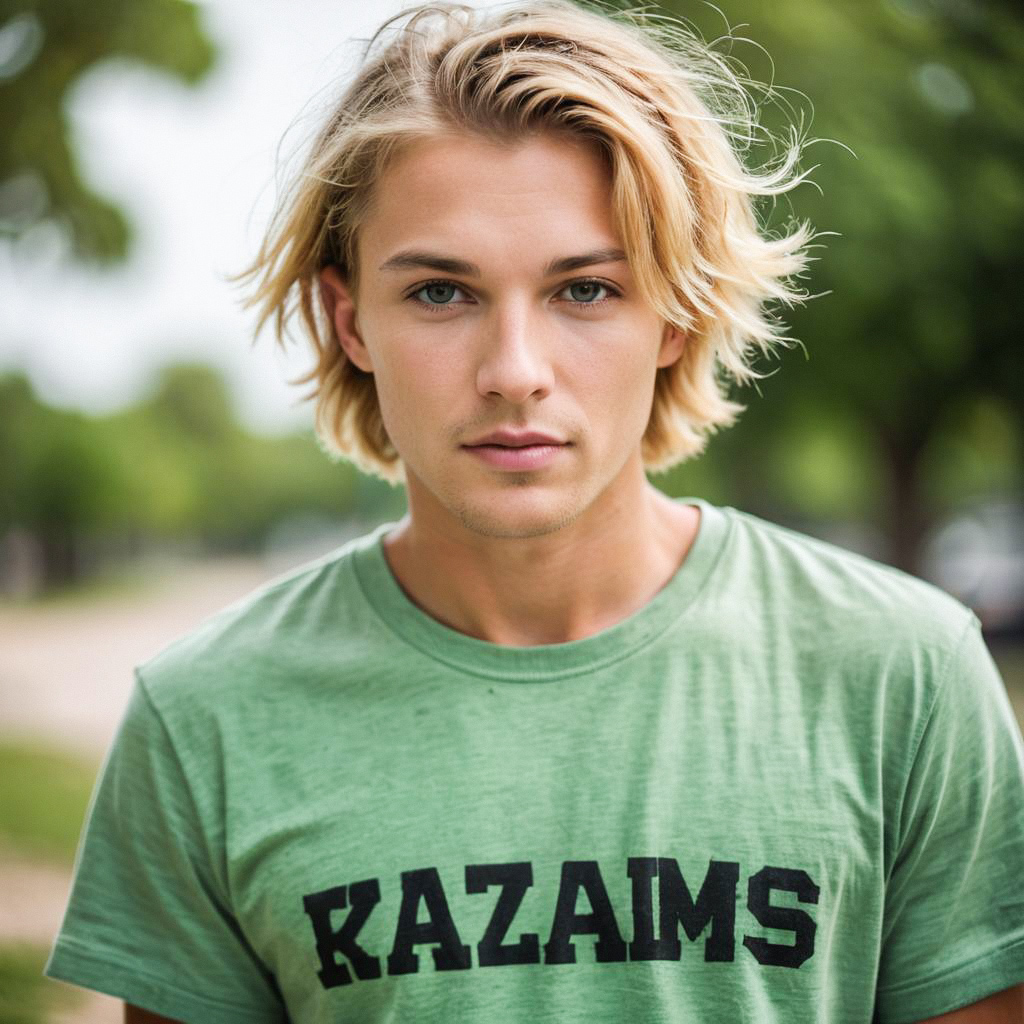Close-up of young man with blonde hair in green T-shirt