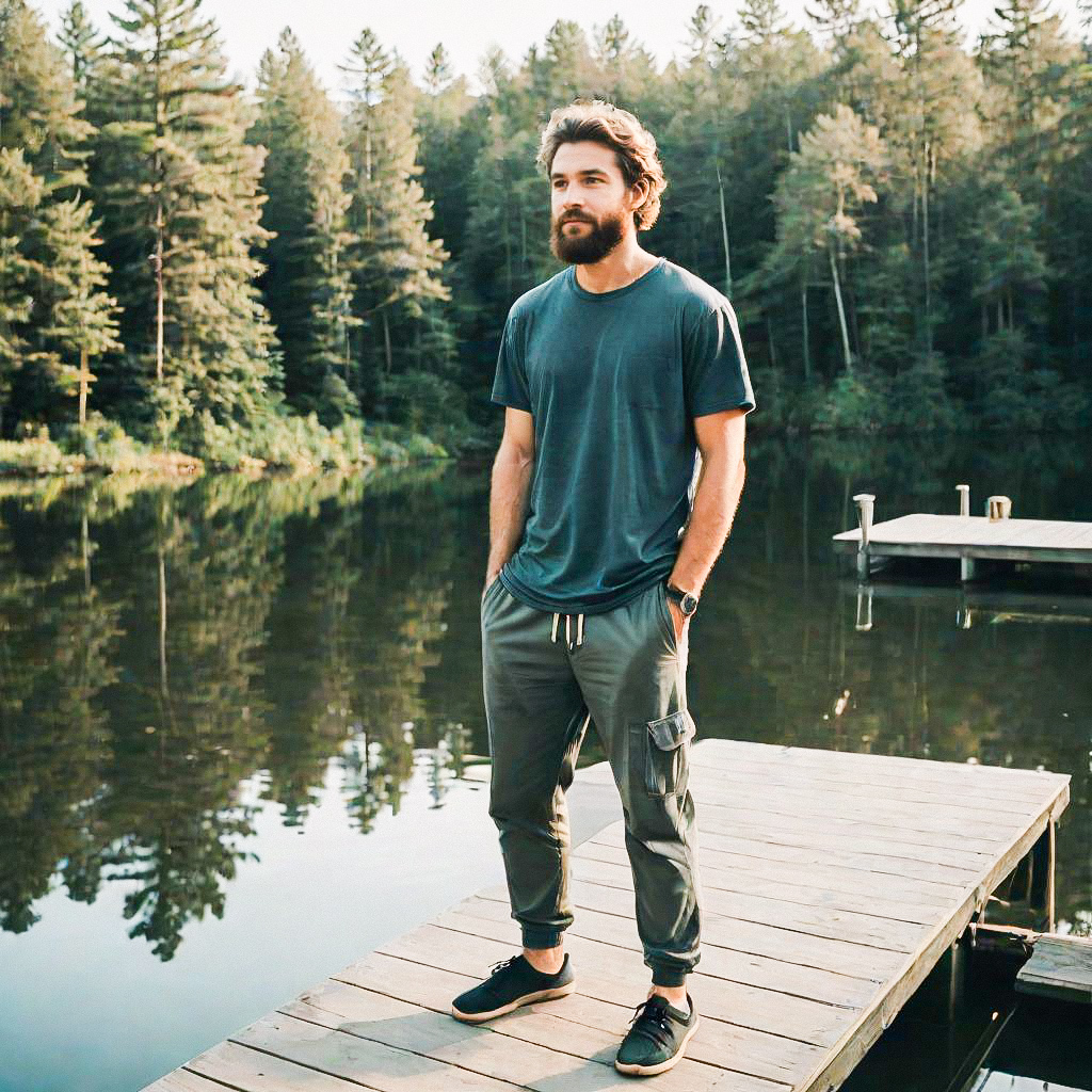 Man on Dock Overlooking Serene Lake Man on Dock Overlooking Serene Lake