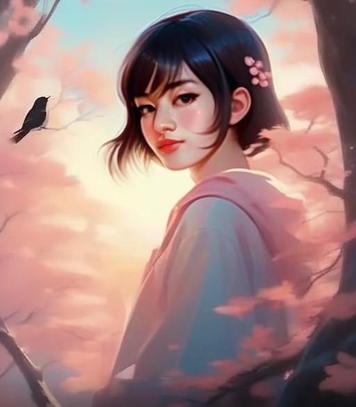 Young Woman Digital Art with Sunset and Bird in Anime Style