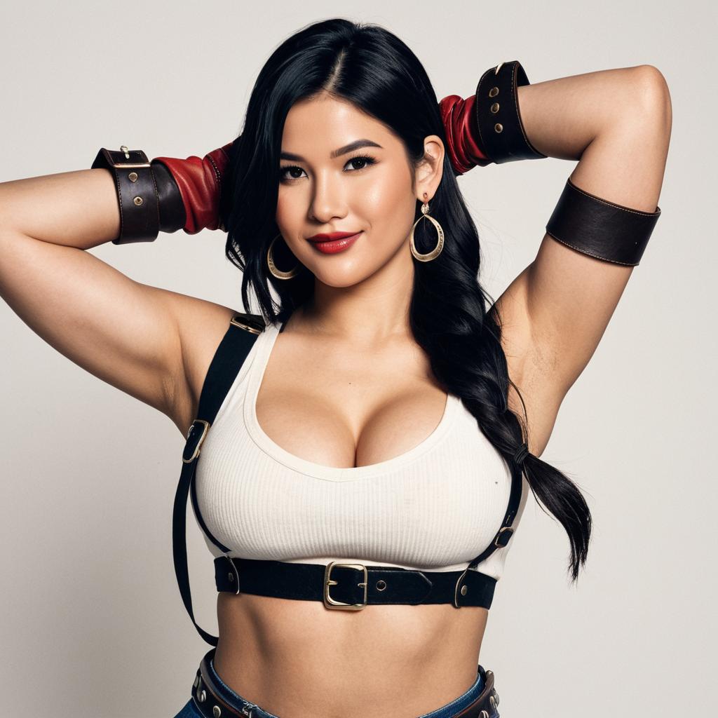 Confident Young Woman in White Crop Top and Leather Harness with Red Gloves