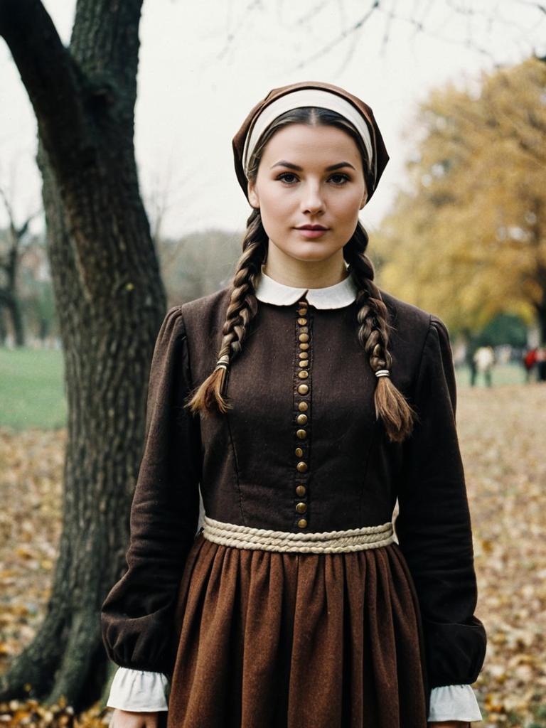 Young Woman in Traditional Pilgrim Costume Outdoors in Autumn