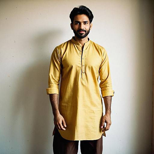 Man Wearing Golden Cotton Kurta with Brown Pants in Traditional Style