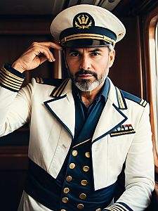 Man in Ship Captain Costume Waist Up Editorial Portrait Photorealist