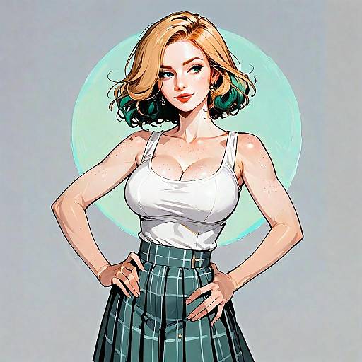Confident Young Woman in White Tank Top and Green Plaid Pants Digital Art