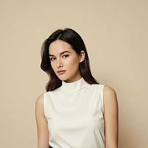 Portrait of Young Woman in White Sleeveless Turtleneck Against Beige Background