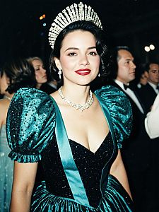 Elegant Woman in Teal Gala Outfit with Tiara and Jewelry