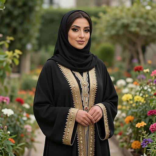 Elegant Woman in Black Abaya with Gold Embroidery in Flower Garden