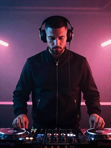 Young Man DJ Performing with Professional Mixer in Neon Lighting