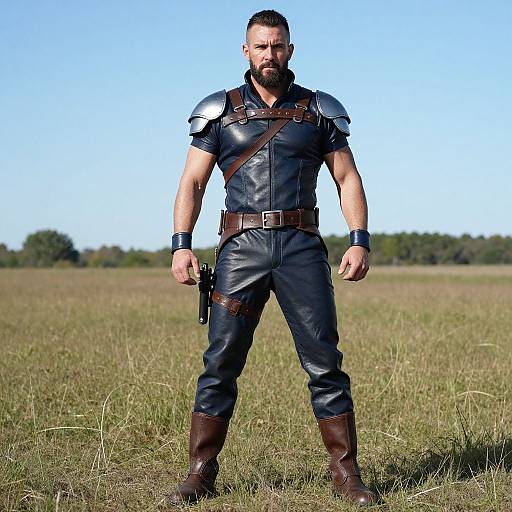 Man in Futuristic Warrior Leather Outfit with Shoulder Armor in Open Field