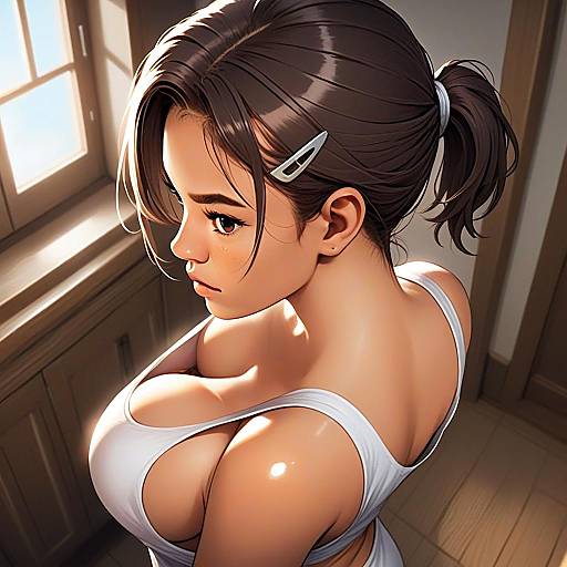 Stylized Anime Woman in White Tank Top by Window Digital Artwork