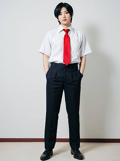 Man in White Shirt and Red Tie with Black Trousers Standing Confidently