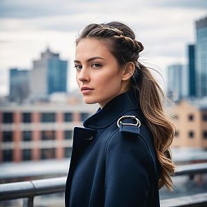 Stylish Woman in Dark Coat with Braided Hair on Urban Rooftop