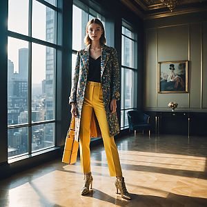 Stylish Woman in Yellow Trousers and Floral Coat