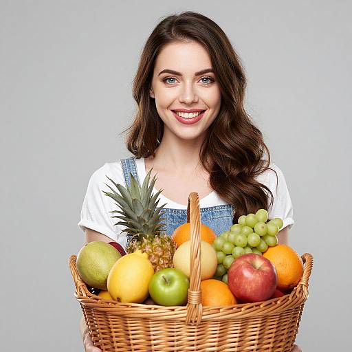 Young Woman Holding Basket of Fresh Fruits with Pineapple and Grapes
