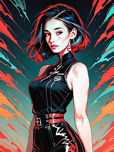 Stylized Digital Portrait of Woman in Futuristic Black Outfit with Red Accents