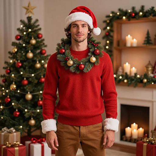 Young Man Wearing Santa Hat and Christmas Wreath in Festive Holiday Setting
