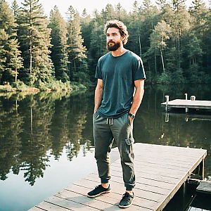 Man on Dock Overlooking Serene Lake